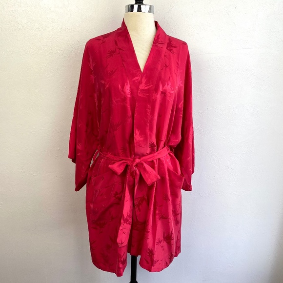 Hot Pink Chinese Peignoir Kimono Short Robe Large Bamboo Leaves Tie Belt Pockets - Picture 1 of 16